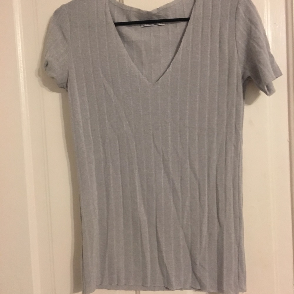 ZARA GREY RIBBED SHORT SLEEVE TOP
